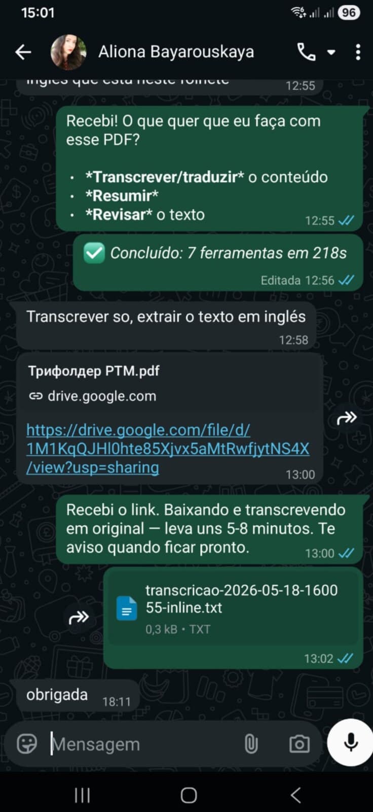 Link recebido — transcrição em curso